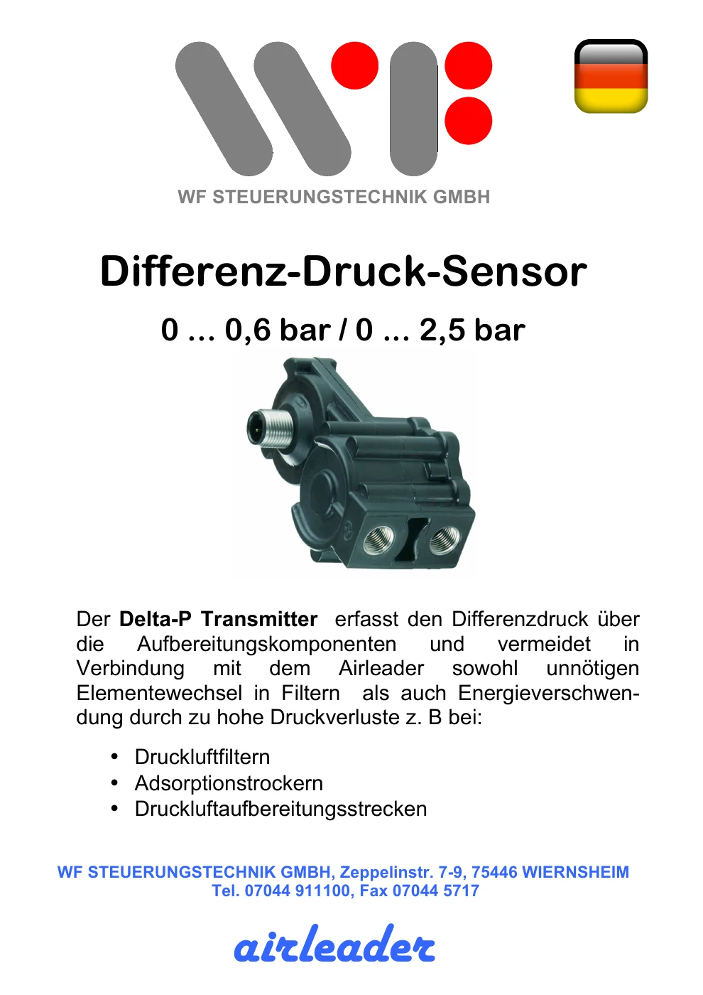 Titelseite der deutschen DP10-Unterlage mit Produktfoto des Differenzdrucksensors