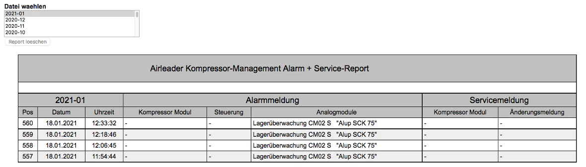Airleader alarm and service report showing recurring bearing-monitoring alerts