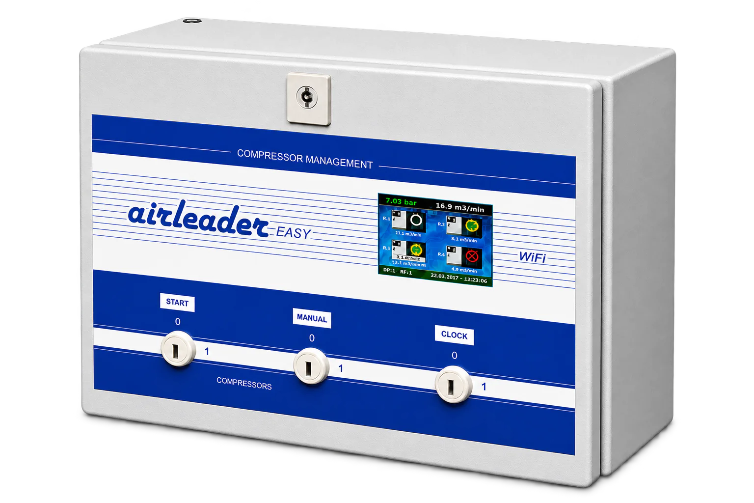 Airleader EASY compressor control in professional industrial recording, marked as AI-generated