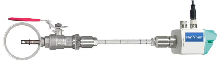 Insertion flow sensor with ball valve and restraint