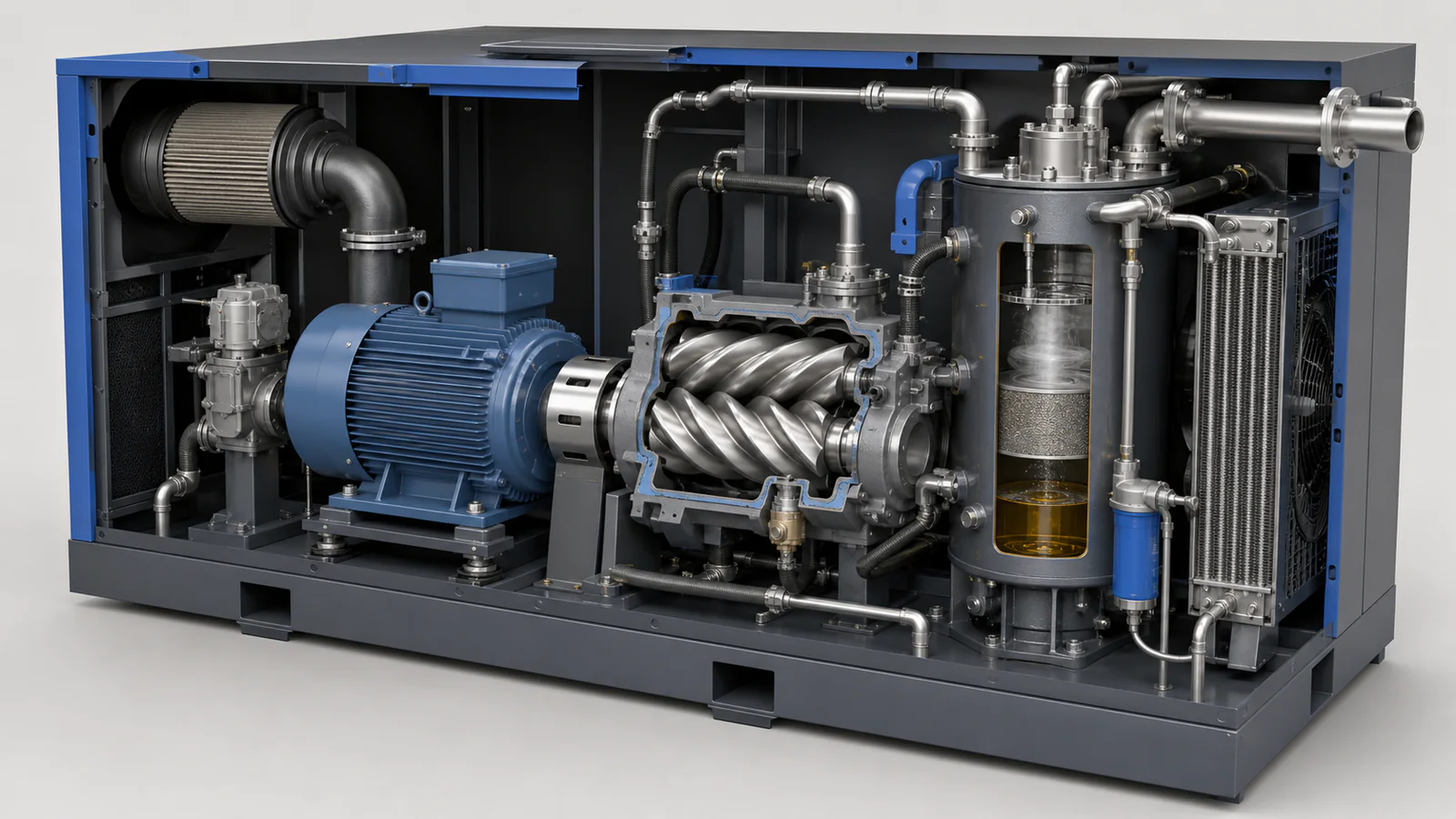 Technical sectional view of a fixed-speed screw compressor with suction, electric motor, screw block, oil separator and aftercooler
