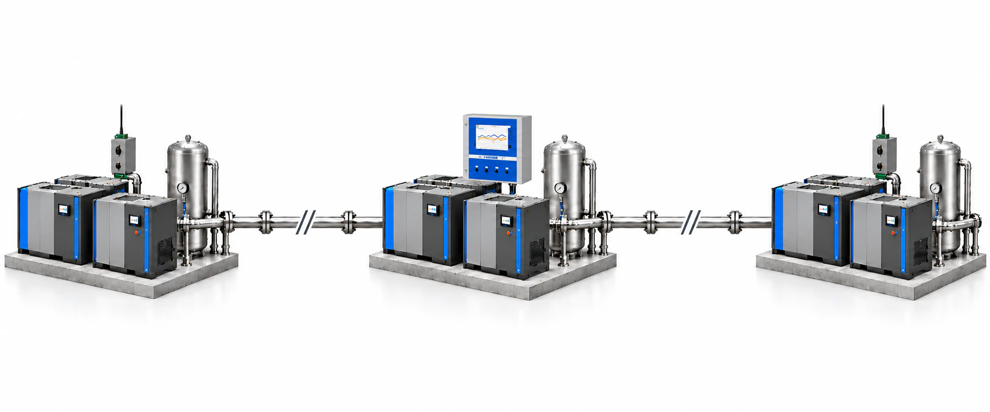 Three compressor stations sharing a compressed-air line, connected via Ethernet and FL COM servers to a central Airleader controller