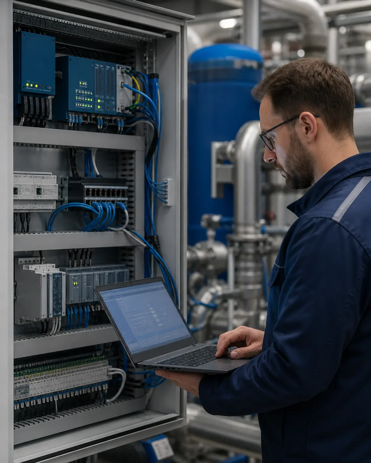 Technician connects the controller and network in the control cabinet