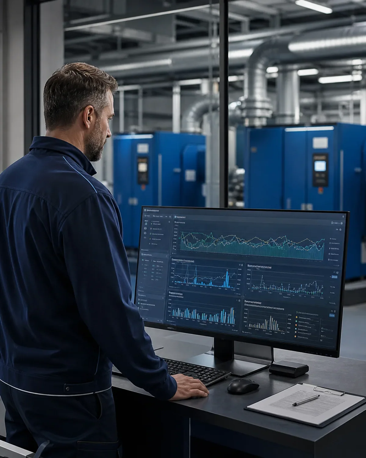 Techniker überwacht eine Druckluftstation über die Airleader Web-Visualisierung