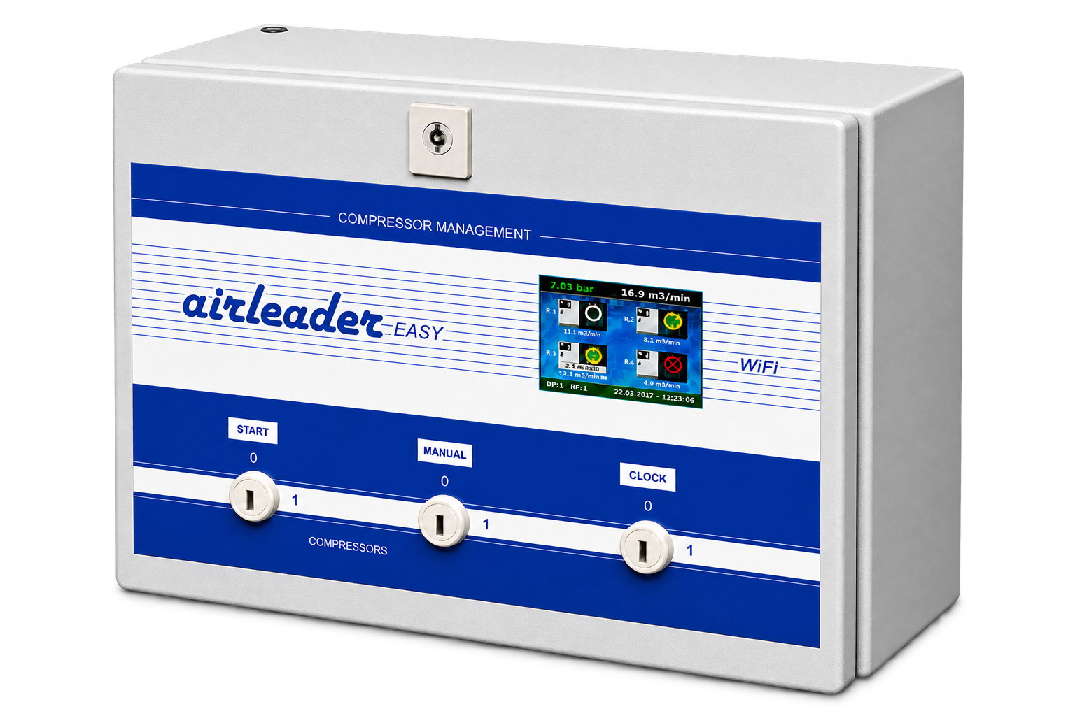 Airleader EASY Kompressorsteuerung in professioneller Industrieaufnahme, als KI-generiert gekennzeichnet