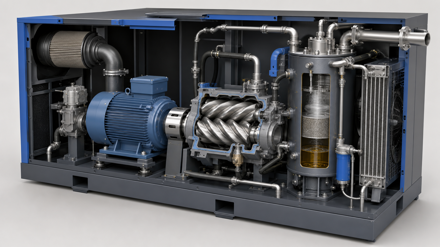 Technische Schnittansicht eines drehzahlfesten Schraubenkompressors mit Ansaugung, Elektromotor, Schraubenblock, Ölabscheider und Nachkühler
